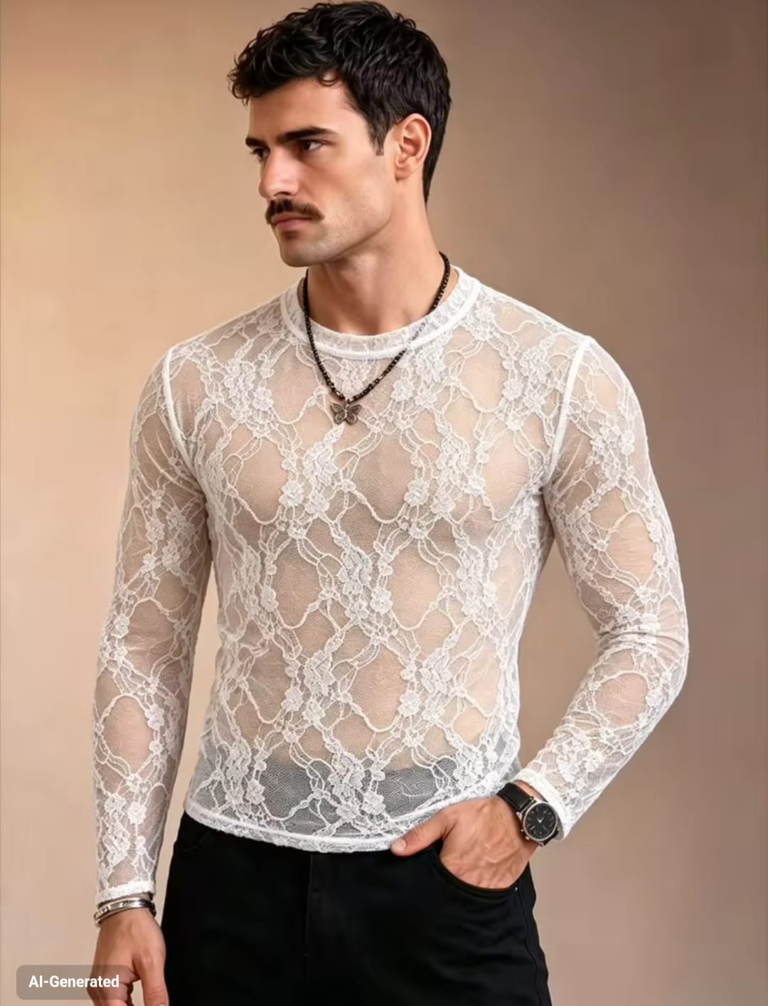 Men's High-Stretch Sheer Floral Lace Crewneck Long Sleeve Fitted T-Shirt